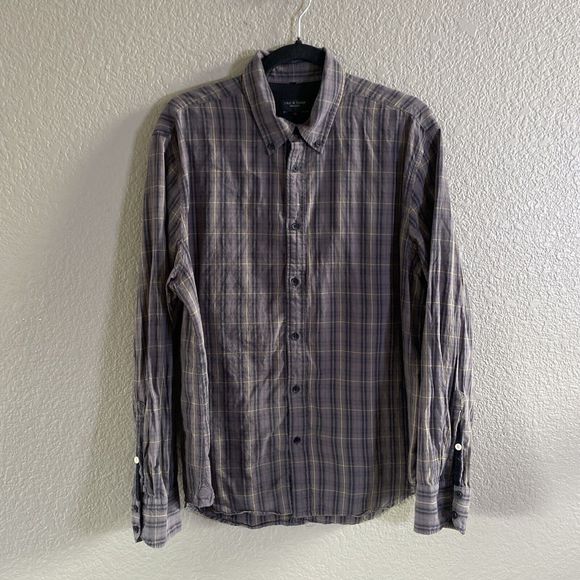 Rag & Bone Shirt Mens XL Grey Yellow Plaid Check Long Sleeve  Button Up - Picture 1 of 10